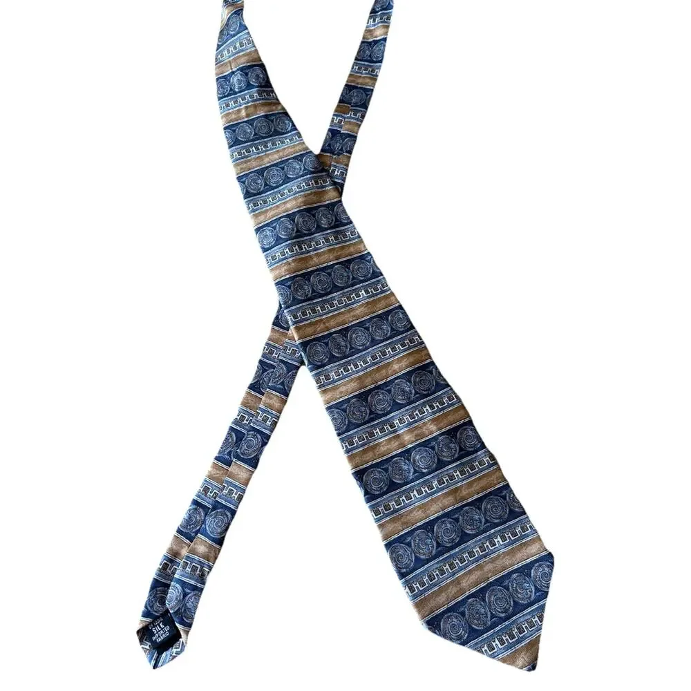 VTG 80s 90s Bill Blass Silk Tie Ivy League Blue Tan Classic Geometric Pattern